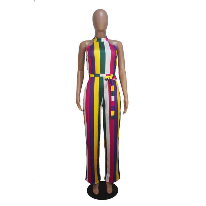 

Women Rainbow Vertical Striped Rompers Shoulder Sleeveless Sexy Jumpsuit Loose Full Length Sashes Jumpsuit, Multi