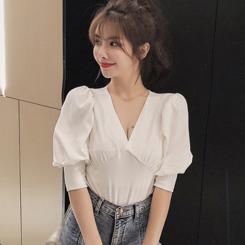 

Style Elegant Wild Solid Color Blouse Trendy Sexy V-neck Puff Sleeve Top Fashion Casual Short Sleeve Shirts For Women, Black