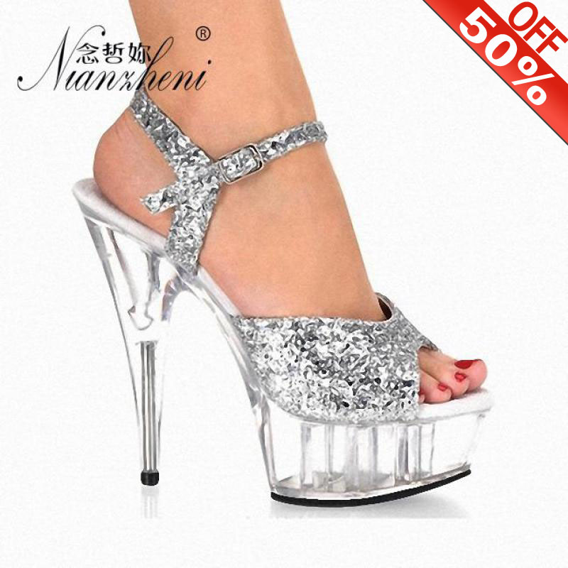 

Flash Bling Crystal Platform 15cm High heeled shoes Nightclub Pole dancing 6 inches Cross dressing Women's sandals Models, Silver