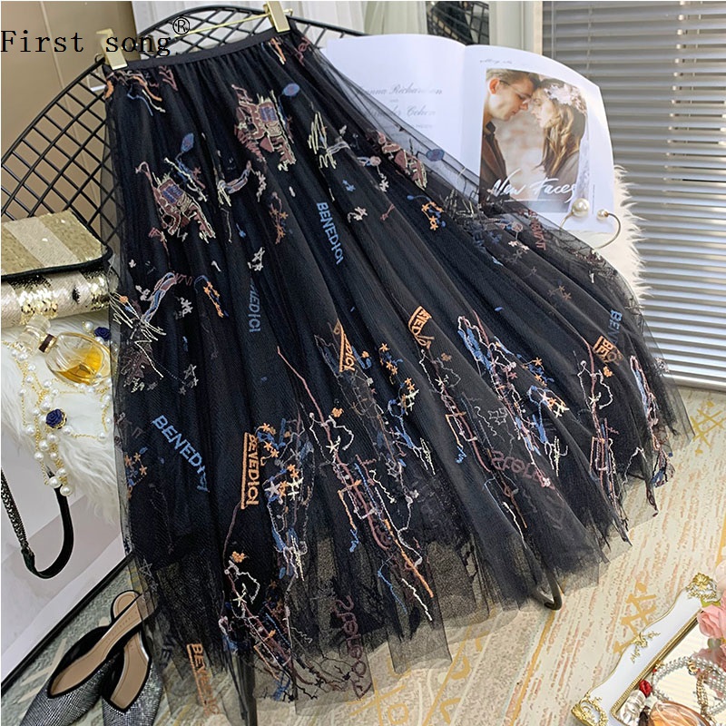 

Shipping heavy craft letter mesh embroidery elastic waist pleated skirt 2020 women's summer skirt fashion wild A-line XL, Black