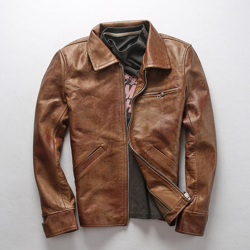 

vintage oil Men' wax cow turn down collar casual coat men simple style brown real leather jacket male