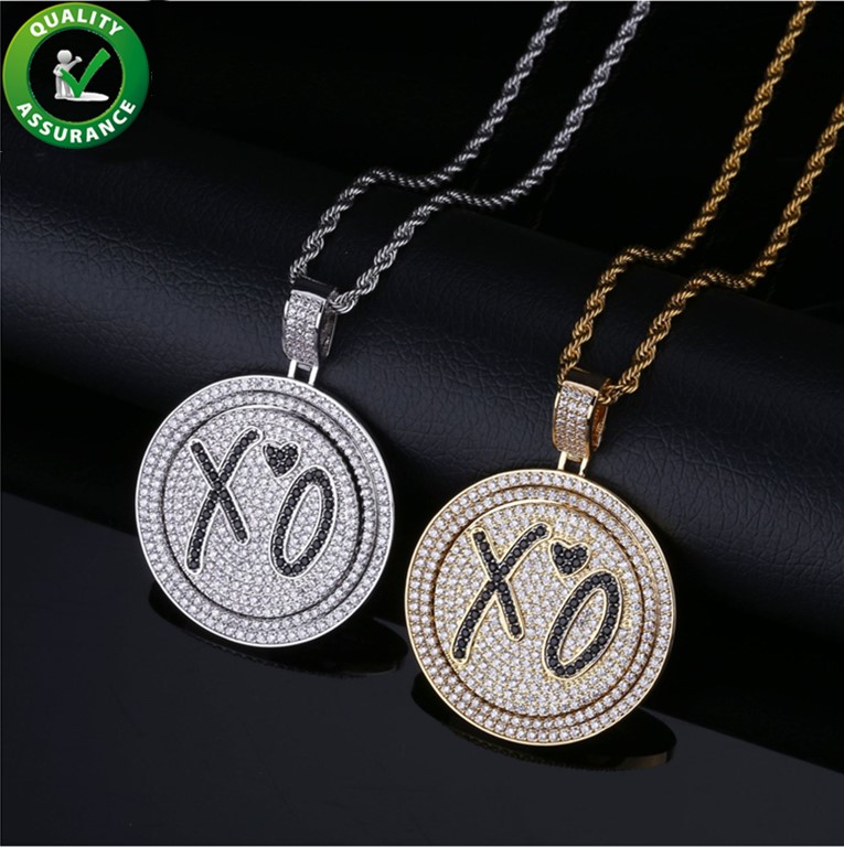 

Hip Hop Jewelry Designer Necklace Iced Out Pendant Mens Gold Chain Rapper Migos XO Rotatable Double Disc Pendants Diamond CZ Luxury Wedding, Silver