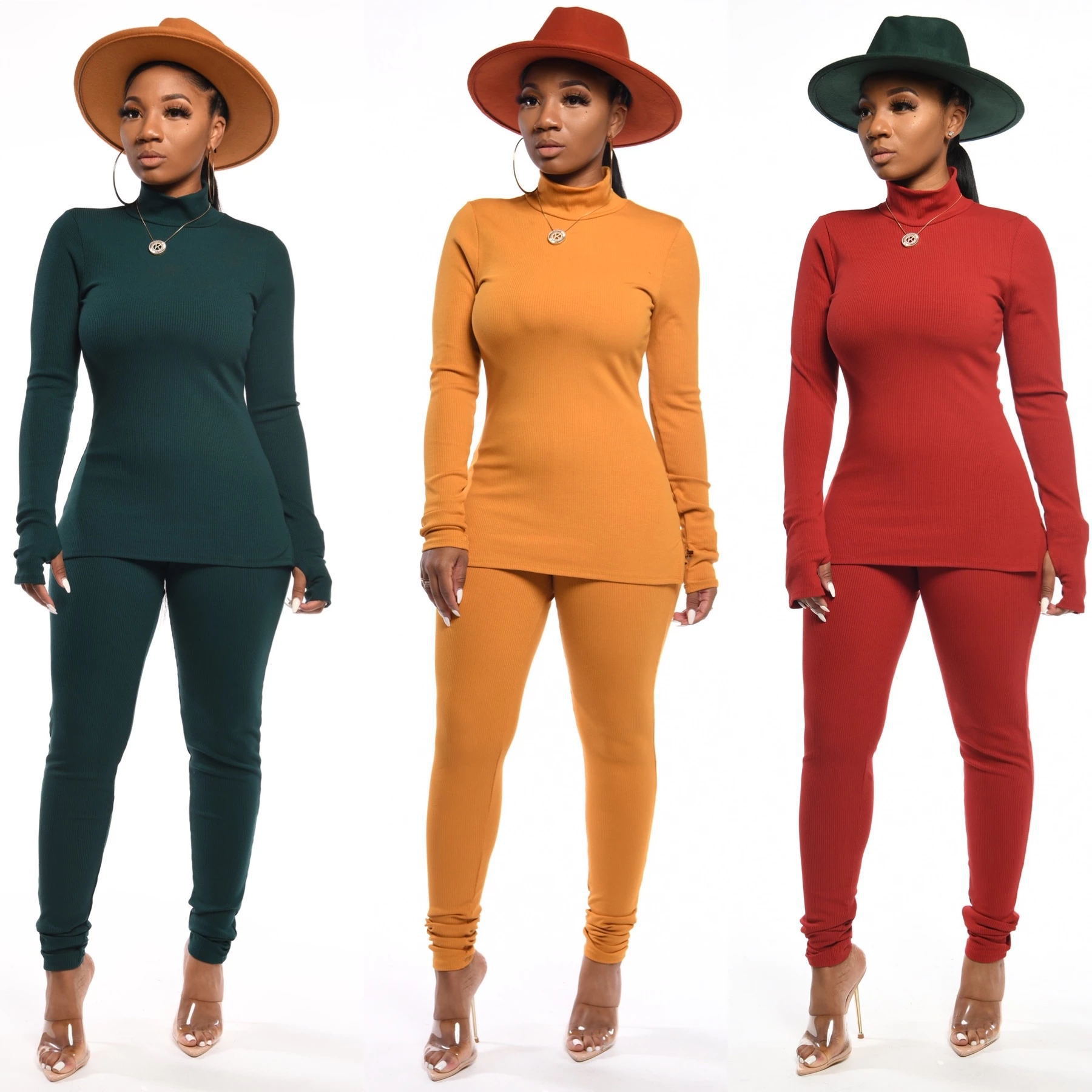 

Women Two Piece Outfits Winter Tracksuits Warm Sports Track Suits Solid Turtleneck Long Sleeve Top Pant Sets White Green Orange Burgundy