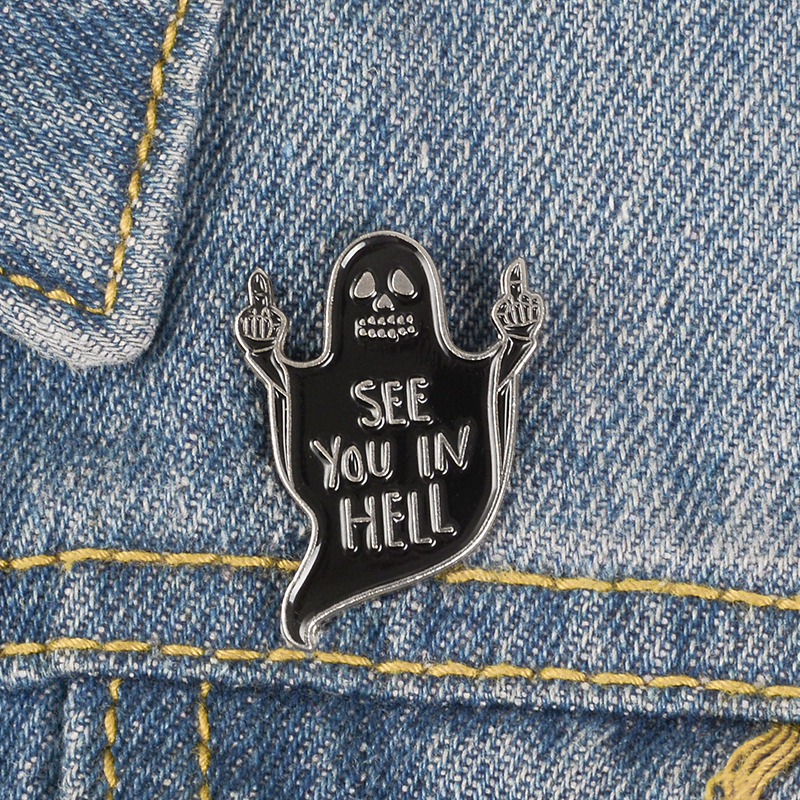 

Punk Ghost Lapel Enamel Pin See You In Hell black skull Brooch Vertical middle finger Badge Empty eyes Jewelry Gaze from the abyss