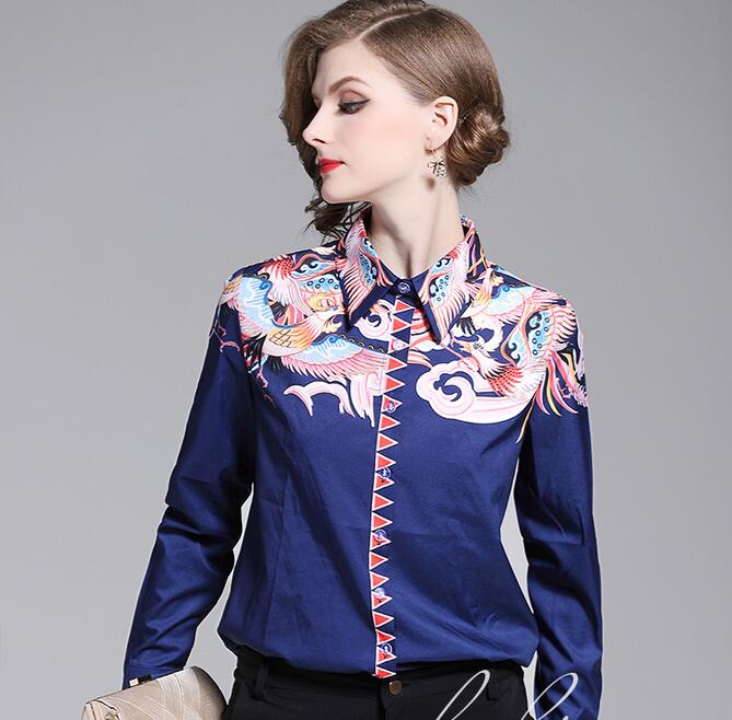 

2020 National style Phoenix printed blue women Rayon blouse long sleeve summer shirts lapel neck fashion ladies shirts