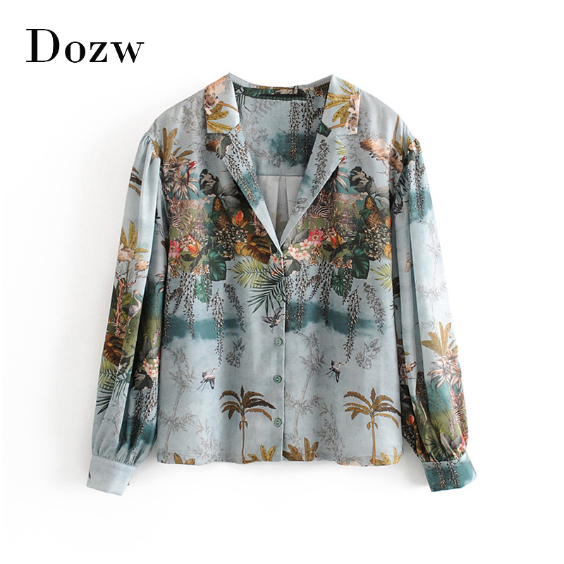 

Women Casual Floral Print Satin Blouse Casual Loose Tops Ladies Turn Down Collar Lantern Long Sleeve Vintage Shirt Blusas, Green