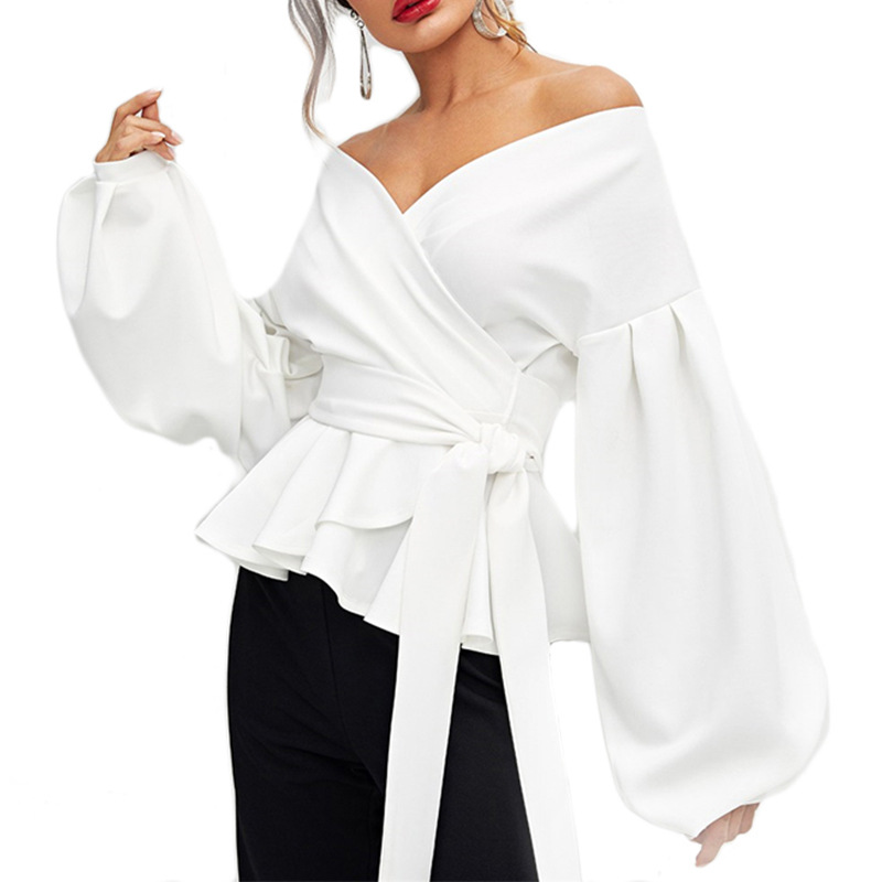 

White Office Lady Elegant Lantern Sleeve Surplice Peplum Off the Shoulder Solid Blouse Autumn Sexy Women Tops And Blouses, Beige