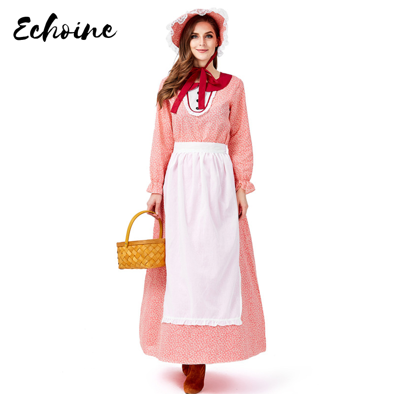 

Echoine California Farm Apron Maid Cosplay Costume Women Red Long Sleeve Fancy Fairy Tale Idyllic Stage Dresses Hat+Apron