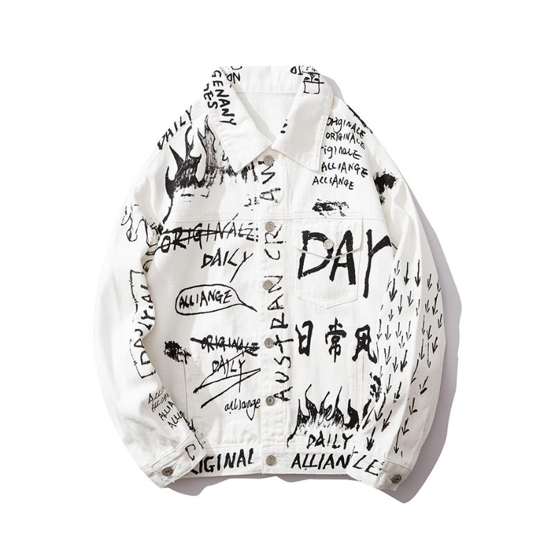 

Harajuku Original Full Print Letter Mens Jeans Jacket Jaqueta Masculino Denim Jacket Chaqueta Hombre Bomber2XL Plus Size, White