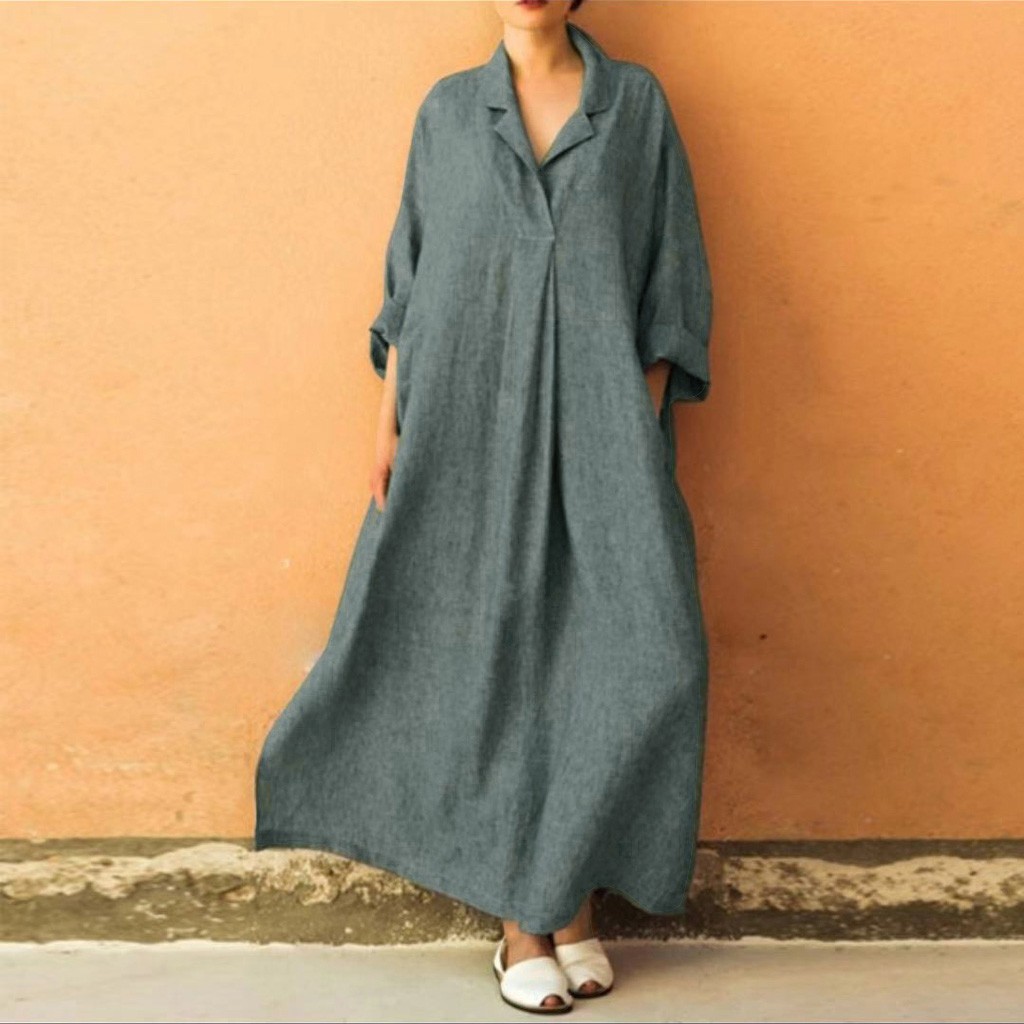 

Autumn winter dress Plus Size Long Sleeve V-Neck Cotton and Linen Maxi Dress Ankle-Length casual dress UK, Gray