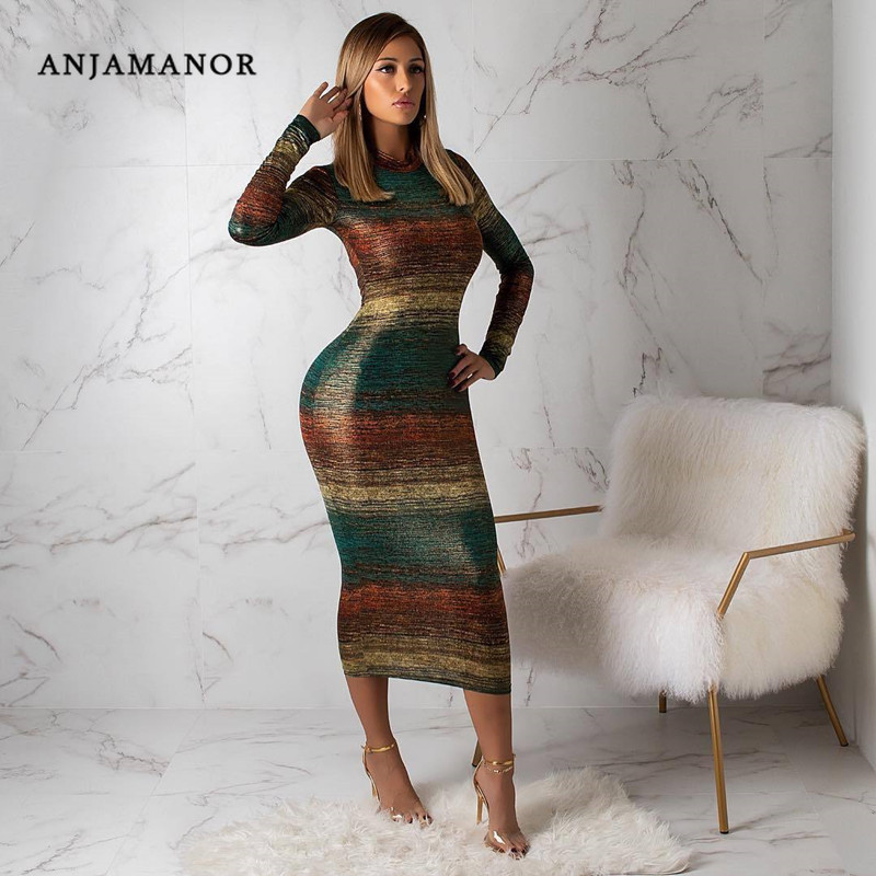 Anjamanor Couleur dégradé à rayures à rayures à manches longues à manches longues robe pour femmes sexy club Robes bandage 2020 mode d'automne D6