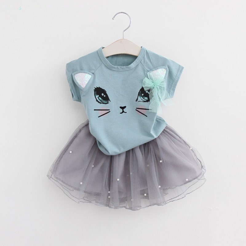 

2020 new 2Pcs Baby Clothes Sets Girls Sweet Summer Cartoon Kitten Printed T-Shirts + Net Veil Skirt, Pink