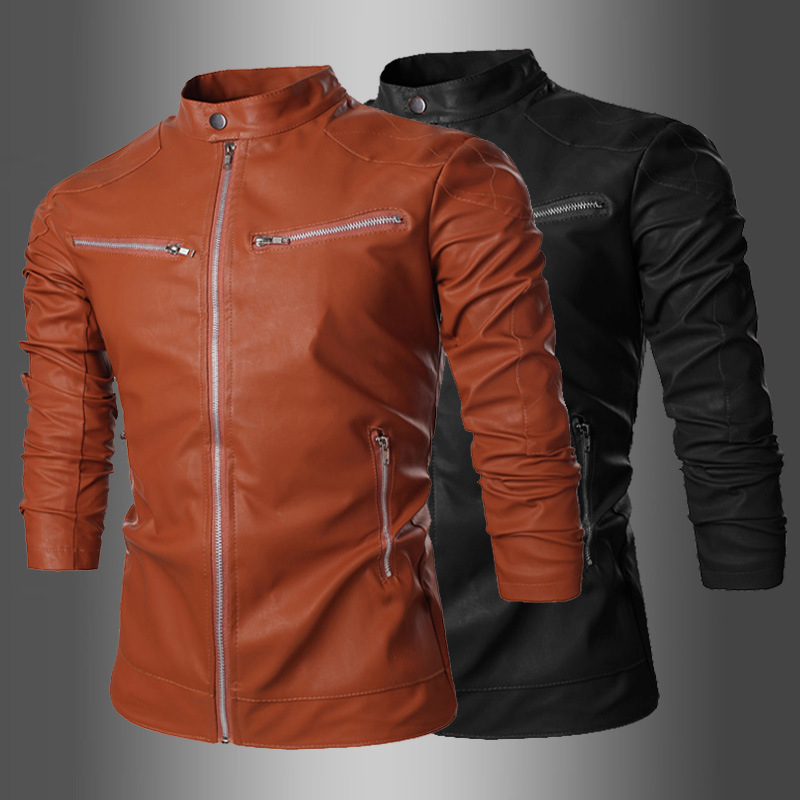 

MEN'S WEAR New Style Beckham Celebrity Style Locomotive Leather Men Solid Color Zipper Casual Leather Coat 7575, Brown