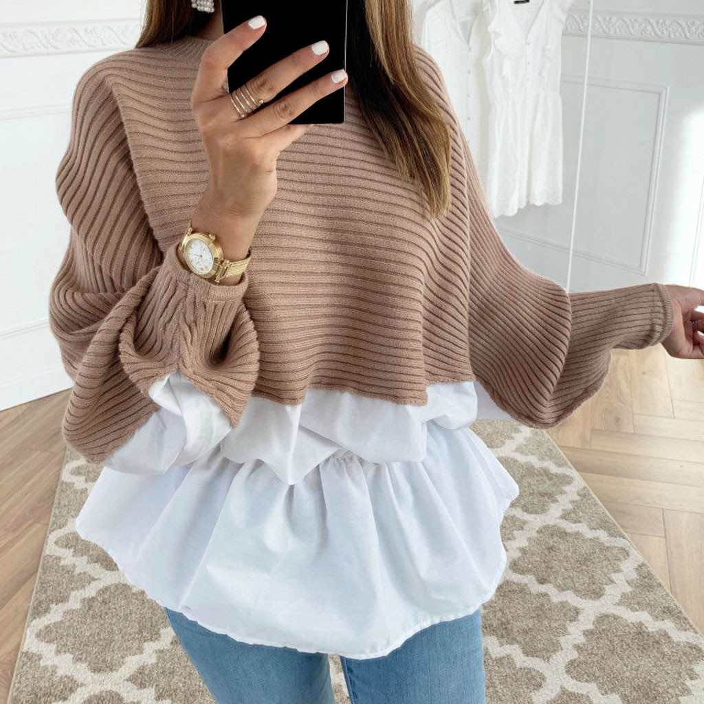 

Winter Fashion Ruffled knitted Jumper Sweater Patchwork Loose Shirt Casual Streetwear Female Womens Long Sleeve Blusas Pullover, White;black