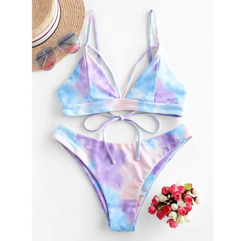 

2020 Women' Sexy Tie-Dye Lace Up High Cut Leg Halter Bikini Set Two Piece Female Swimsuit Bather Bathing Suit Swim Biquini, Green
