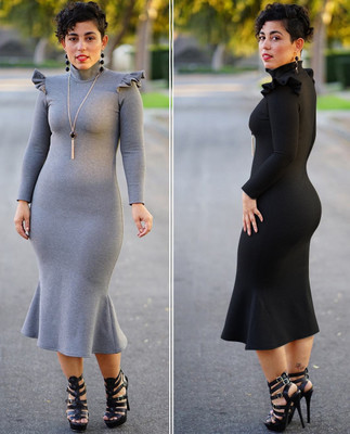 

New Arrival Women Sexy Long Sleeve Dresses Stand Collar Long Sleeve Bodycon Skinny Midi Womens Casual Dresses P340, Gray
