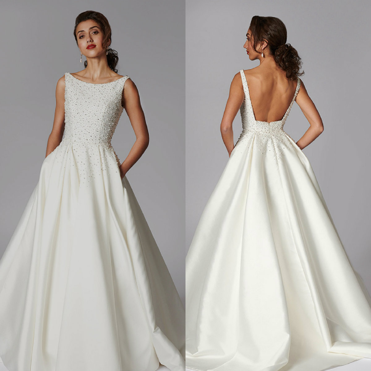 

Elegant Wedding Dresses Scoop Sleeveless Ruched Beads Satin Plus Size Wedding Dress Sweep Train Robes De Mariée, Same as image