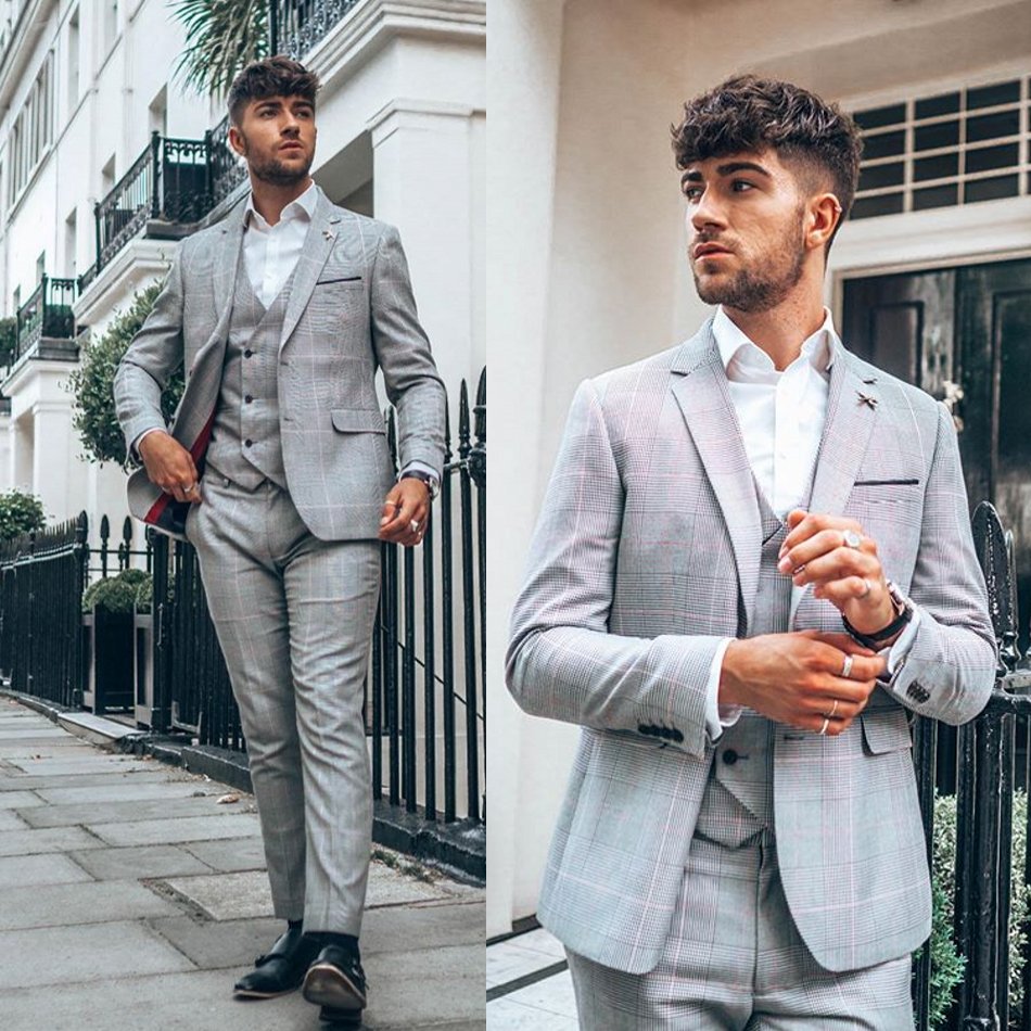 

Three Piece Damier Check Mens Suit New Fashion Groom Suit Wedding Suits For Best High Quality Costumes De Mariage Hommes, White