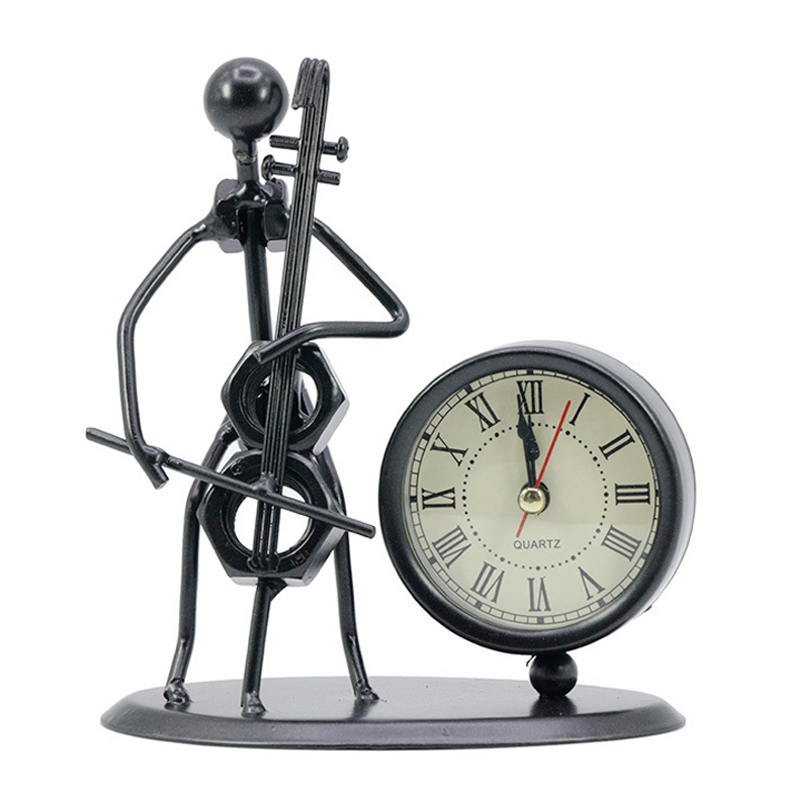 Classic Vintage Old Fashion Iron Art Musician Clock Figure Ornament For Home Office Desk Decoration Gift Cello-image-558567258