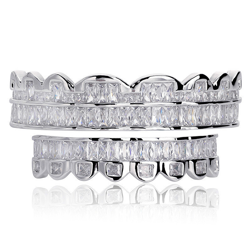New Discount Baguette Set Teeth Grillz Top Bottom Silver Color Grills Dental Mouth Hip Hop Fashion Jewelry Rapper Jewelry