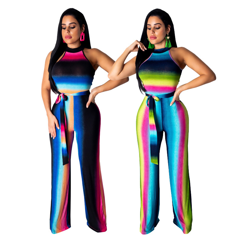 Coolred-Women Slim Flared High Waist Tie Dye Ombre Spaghetti Strap Jumpsuits Romper