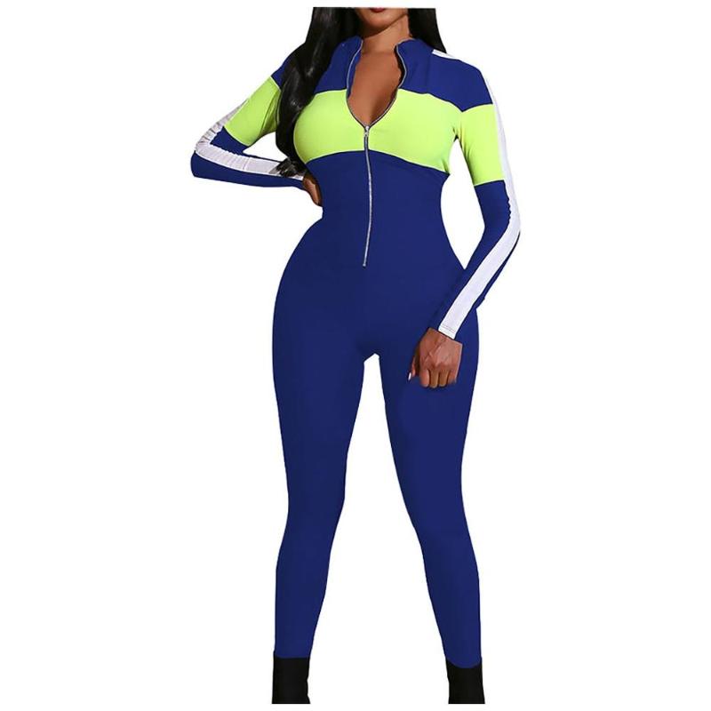 

2020 New Women Sexy Fashion One-piece Yoga Pants Sports Deep V Colorblock Long Sleeve Spring Autumn Jumpsuit Pants, Blue