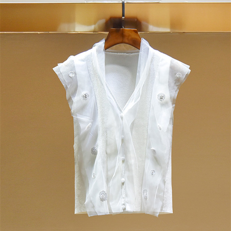 

Women' Black White V-neck Knitted Sweater Sleeveless Mesh Patchwork Cardigan Slim Beading Female Top With Buttons