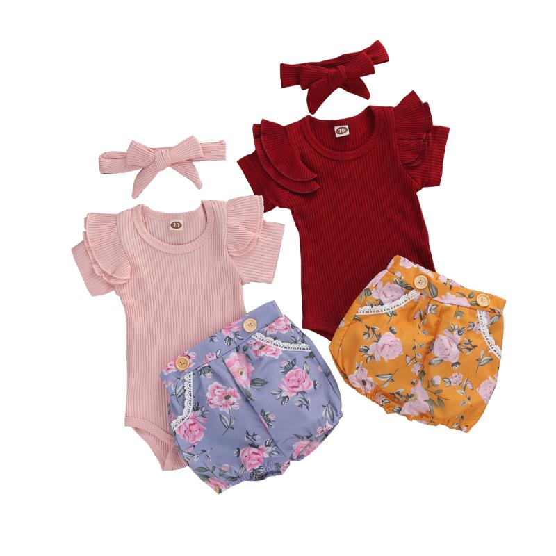 

Baby Girls 2PCS Outfit Set Solid Short Sleeve Ruffle Button Closure Romper Short Flower Pattern Pockets Button Shorts Set