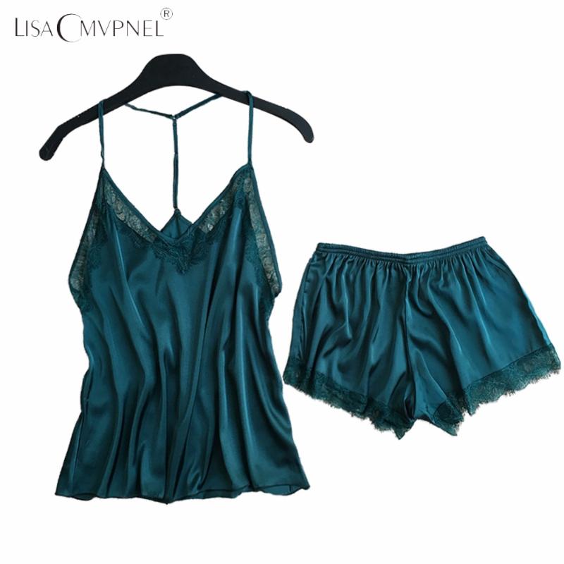 

Lisacmvpnel Backless Lace Sexy Women Pajama Set Spaghetti Strap Nightdress+Shorts Set Elegant Lingerie, Green