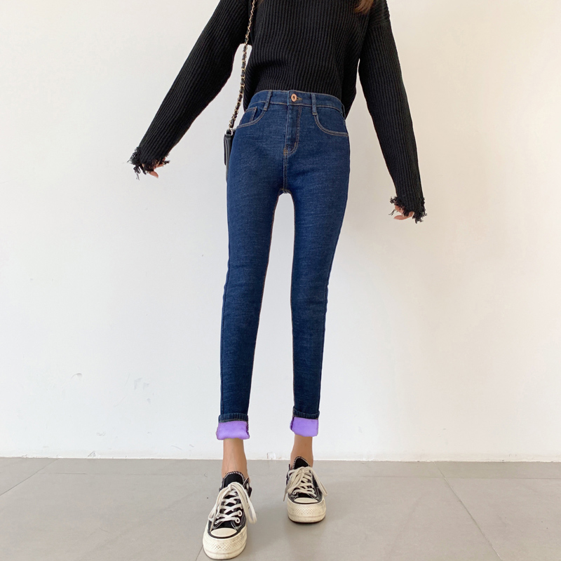 

2020 new plus velvet thick jeans women's high waist winter new feet pants stretch belt velvet pencil pants women, 222 blue velvet