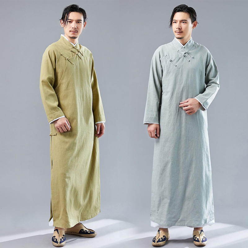 

Cotton linen robe Chinese traditional clothing male cheongsam long sleeve Chinese tang suit for men crosstalk performance men's stage wear, Green