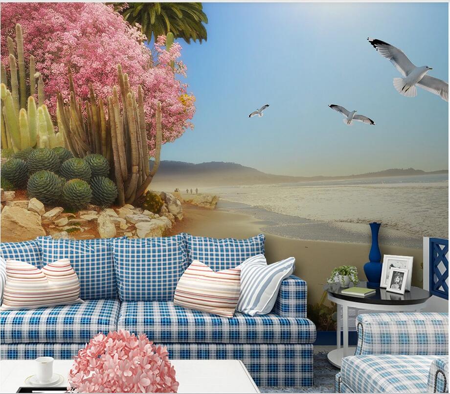 

3d room wallpaper custom photo mural Naked eye 3D seaside tropical plants flowers and birds background wall home decor wall art pictures, Non woven