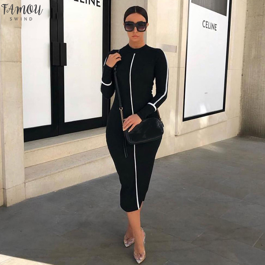 

2020spring new black white High street dresses women' Elegant bodycon midi dresses mujer offic ladies fashion casual Slim dress, Blue