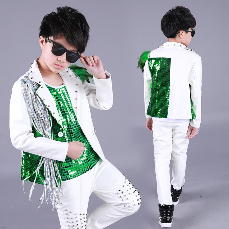 

Hip Hop Costumes Kids Green Sequined Vest Silver Tassel Coat Boys Street Dance Clothes Jazz Stage Outfit Performance Wear DN4977, 3 pcs