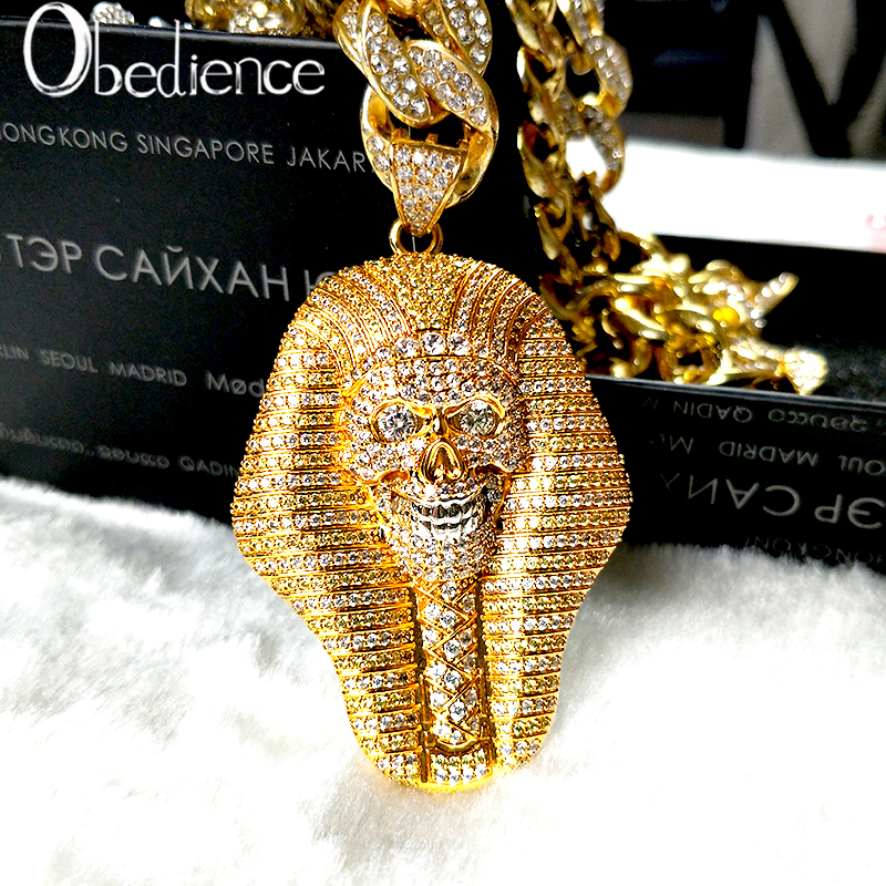 Hot fashion 24K Gold Iced out Egyptian Pharaoh copper Crystal Zircon Diamonds Pendant Necklace Vacuum Plated Jewelry pop Necklace-image-498566161