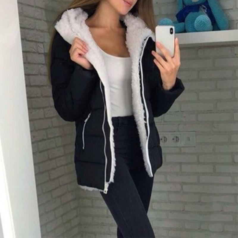 

Casual Plain Zip Long Sleeve Windproof Warm Women Winter Coat Plus Velvet Loose With Hood Thick Ultra Light Solid Quilted, Black