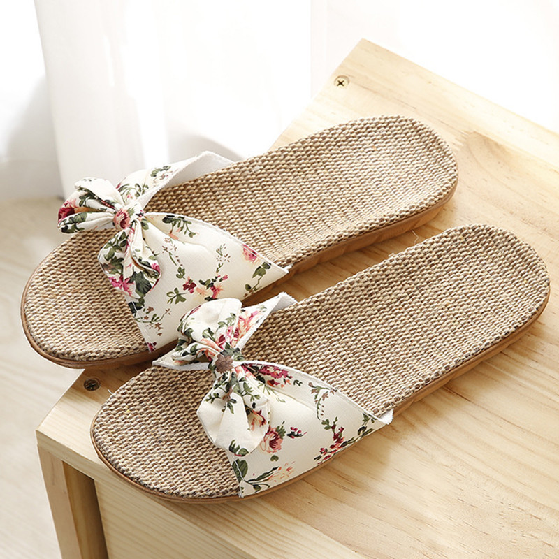 

New Women Summer Beach Slippers Breathable Linen Flip Flops Female Casual Flax Slippers Sandals Floral Bow Outdoor Shoes, Ja0156-05