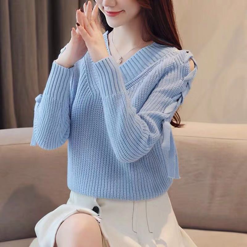 

2020 spring and autumn new V-neck loose casual off-the-shoulder net red sweater female pullover temperament wool sweater, Pink