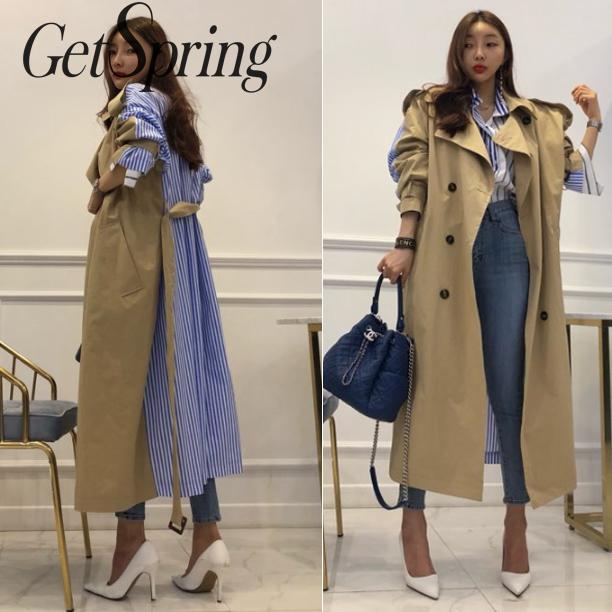 

GETSPRING Women Coat Women Trench Coats Stripe Color Matching Long Trench Irregular Bandage Black Khaki Long Coats 2019 Fashion