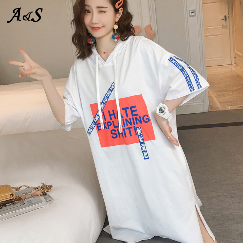 

Summer Women Long Hooded Dress Plus Size Casual Cotton Loose Printed T Shirt Dress Women Short Sleeves Vestido Mujer Verano XXL, Black