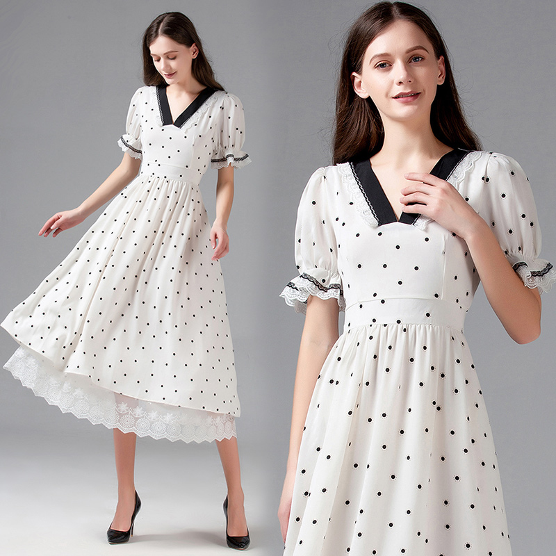 summer runway elegant white vneck vintage polka dot print women dress audrey hepburn style ladies short sleeve party evening dresses