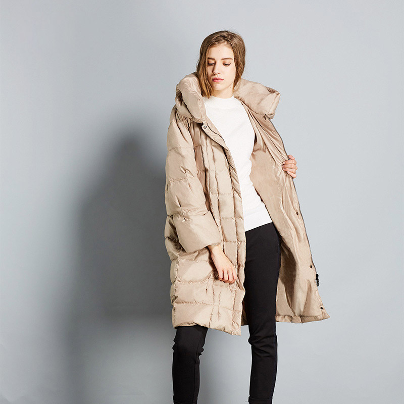 

FYYIYI 2019 Winter Down Jacket Women's White Duck Down Jacket Women's Long Pleated Pile Collar Long Sleeve Hooded Thickening, Beige