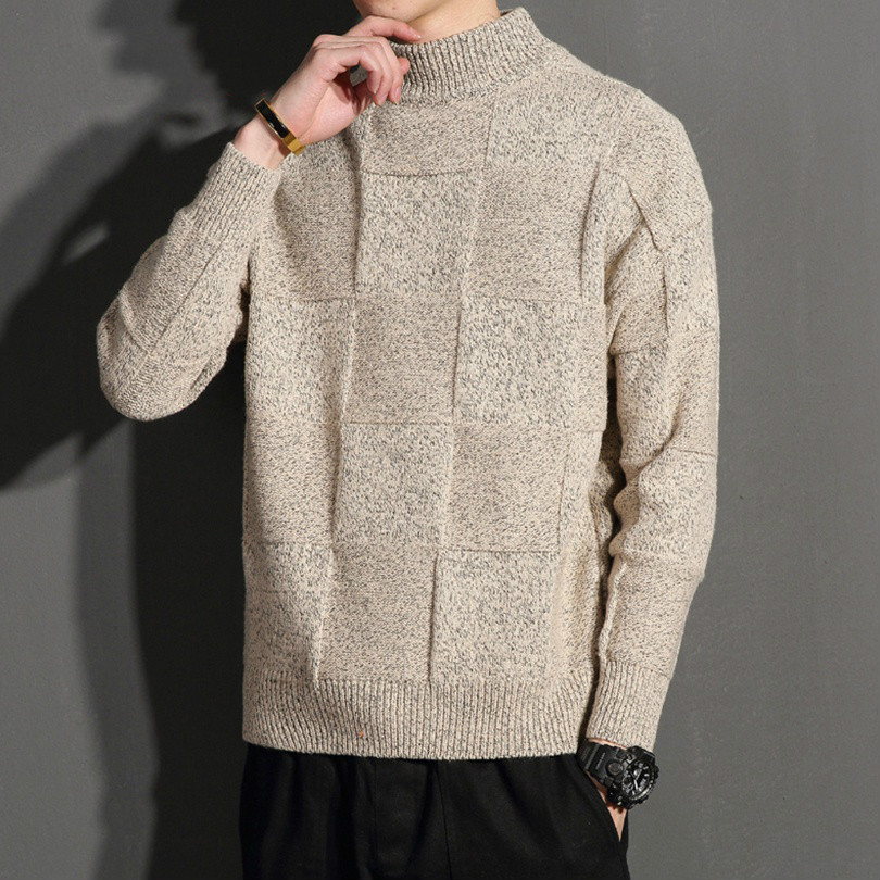 

Men's Half Turtleneck Sweater Shirt Plaid Knit Sweater Men's Clothes Christmas Clothing 2019 Winter Pullover, Khaki