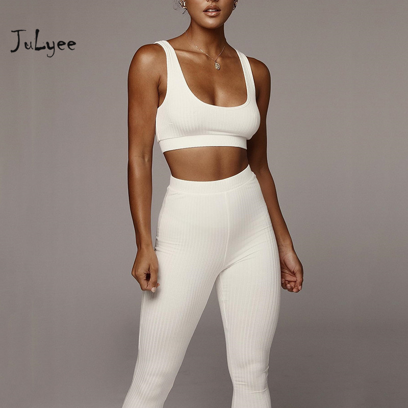

JULYEE Women Set Cotton Solid O-Neck Sleeveless Short Top and Elastic Waist Long Pant Seamless Knitted Sportwear Suits, Grey