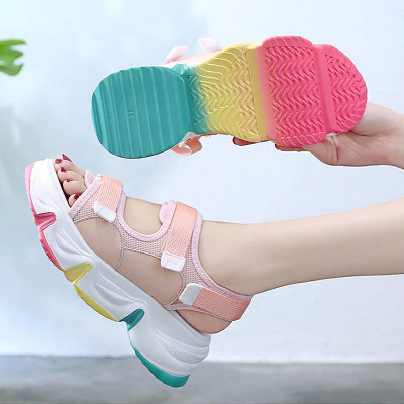 

Summer Women Sandals Rainbow Colorful Cloth Shoes Ladies Sandals Chunky Heels Open Toe Heels Platform Casual Shoes, White