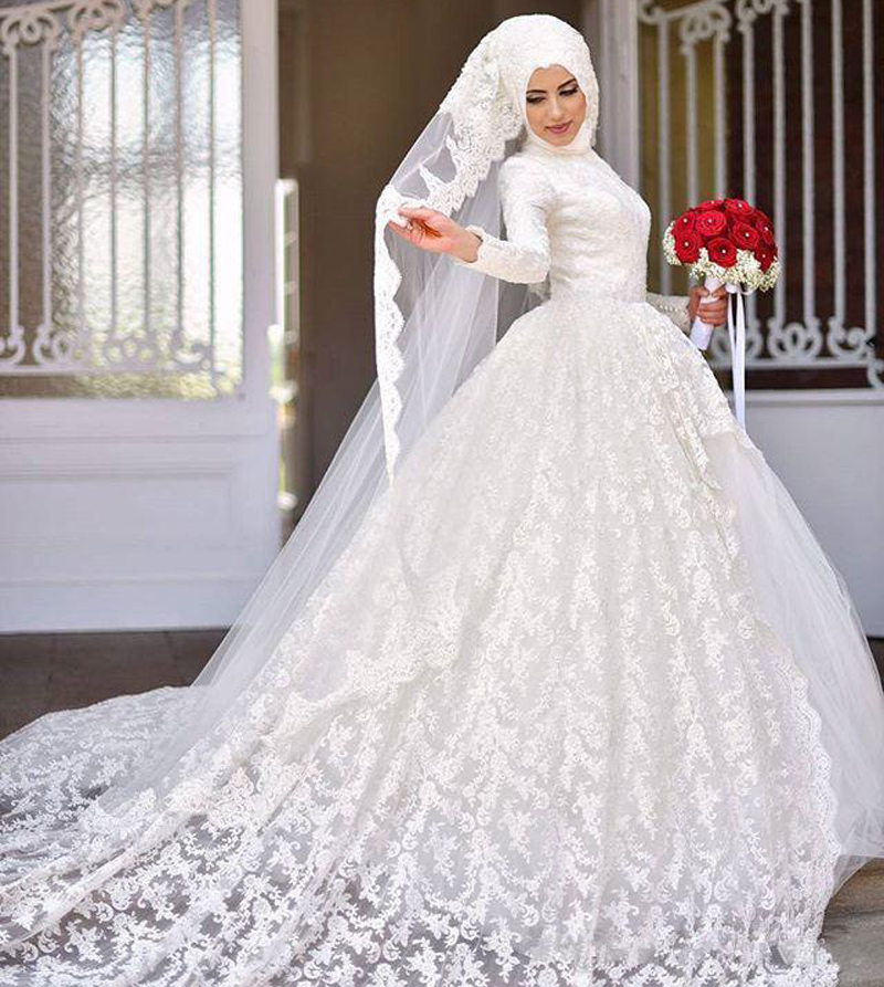 

African Muslim Long Sleeves Lace Ball Gon Wedding Dresses 2020 with Appliques Court Train High Neck Wedding Bridal Gowns, White