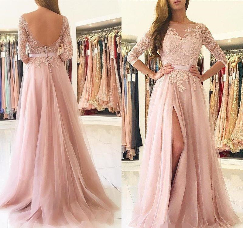 

2019 Sexy Lace Split Prom Dresses Floor Length Long Sleeve Backless Formal Evening Gowns Cheap Plus Size Women Prom Gowns Jewel Dress, Gray