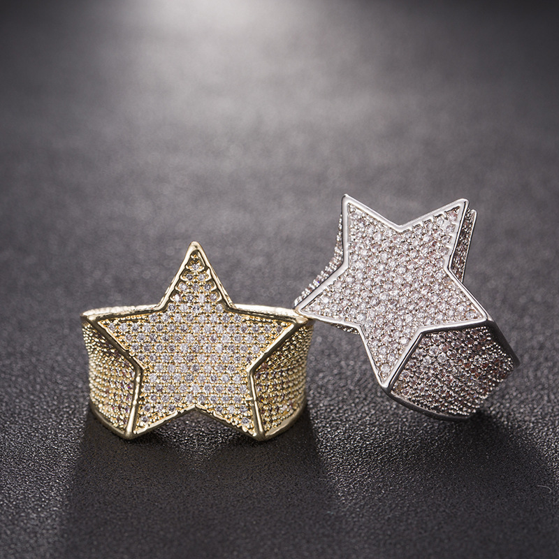 

Men Star Ring 18 K Copper Charm Gold Silver Color Full Zircon Fashion Hip Hop Rock Jewelry