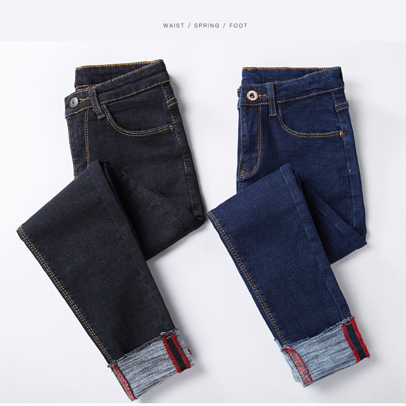 

Winter new Korean fashion women's pants ankle-length high waist slim with velvet jeans 2019 new tight-fitting wild casual pants, Black