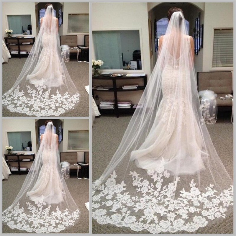Bridal Wedding Veil with Appliques Edge Tulle Long Cathedral Wedding Veil Bridal Veil with Comb veu de noiva Hot Sale-image-514837287